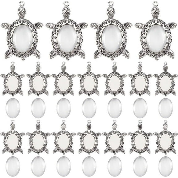 1 Box 20 Sets Cabochon Bezel Tray Cabochon Bezel Setting with Oval Cabochons Summer Alloy Antique Silver Blank Ocean Turtle Animal Pendant Setting for Jewelry Making Charms Necklace DIY Craft