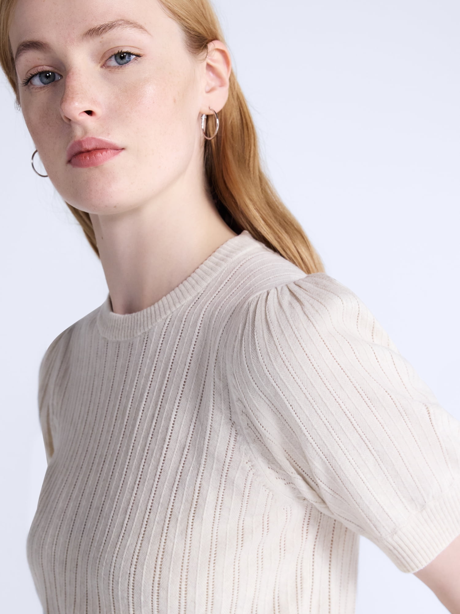 Free Assembly Women’s and Women's Plus Pointelle Sweater with Puff Sleeves, Sizes XS-4X
