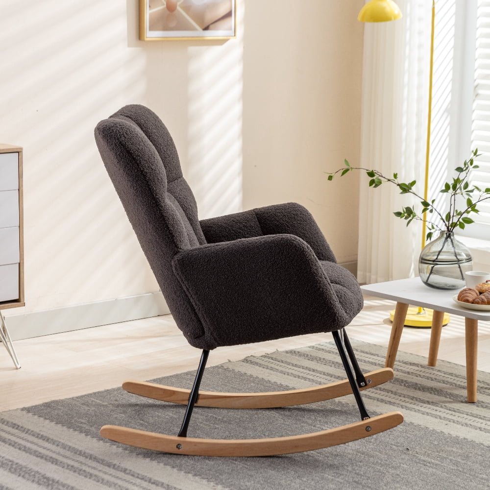 Oufan Leisure Rocking Chair With Upholstered, Teddy Fabric Nursery Rocking Chair with High Backrest & Solid Wood Frame for Living Room, Bedroom