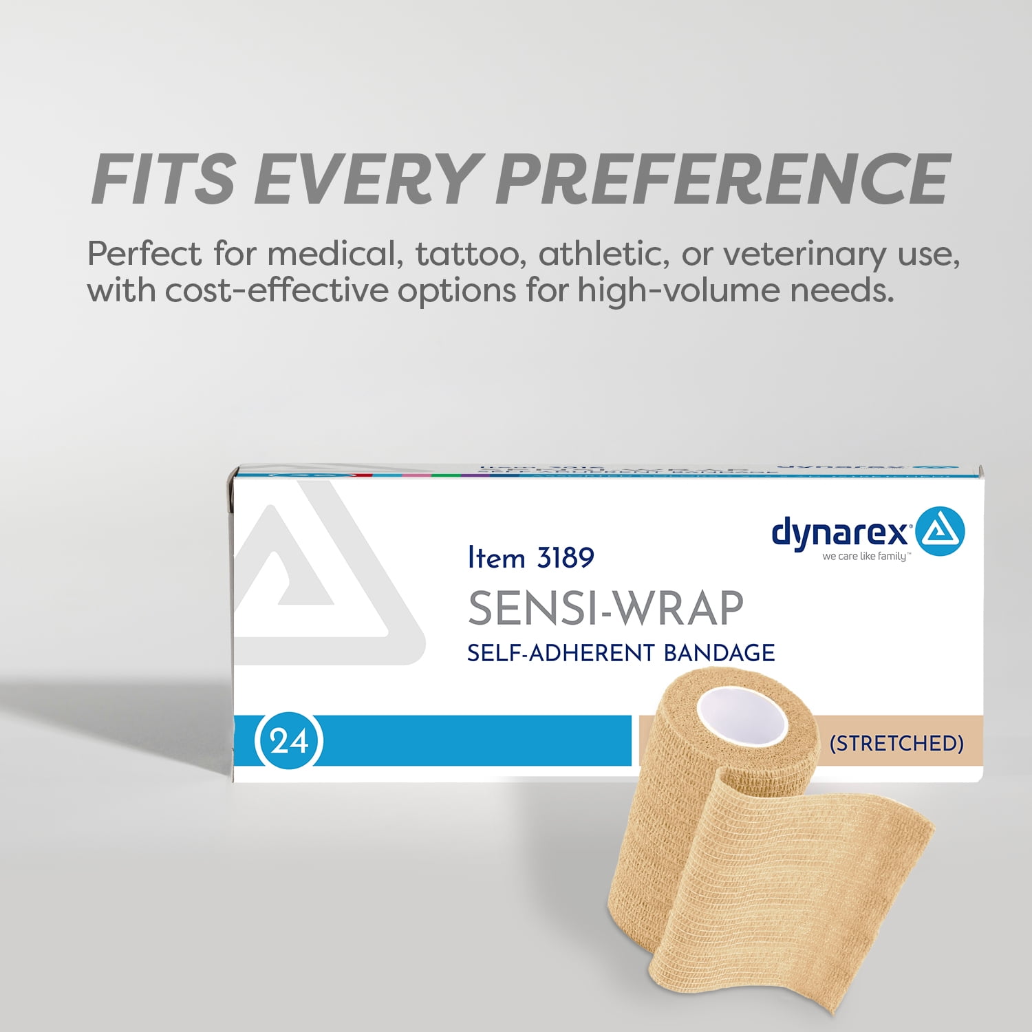 Dynarex Sensi-Wrap Self-Adhesive Bandages, 24-Pack, 3" x 5 yards, Tan, Latex-Free, Colored Elastic Cohesive Athletic Tape, Tattoo Grip & Vet Wrap