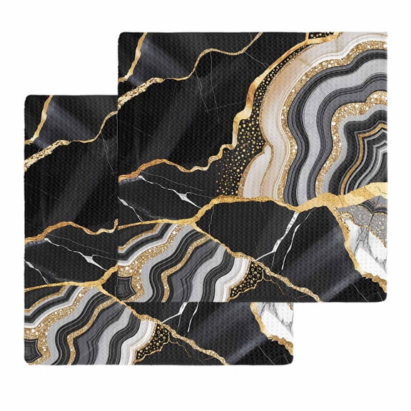 Black Marble Kitchen Dish Towels for Drying Dishes Set of 2, Grey Gold Texture Vintage Farmhouse Art Waffle Weave Microfiber Hand Tea Bathroom Towels Quick Dry & Absorbent Towel 12x12