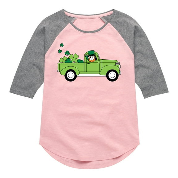 Instant Message - St. Patrick's Day - Leprechaun Truck Delivering Shamrocks - Toddler And Youth Girls Raglan Graphic T-Shirt