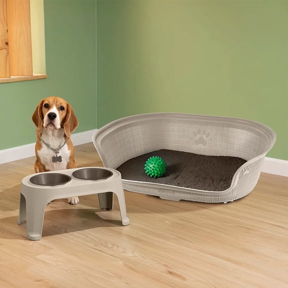 Combo Kit Mascota Cama Plástica Confortable Ideal razas Medianas  Comedero Alto 2 tazones Ergonómico RIMAX