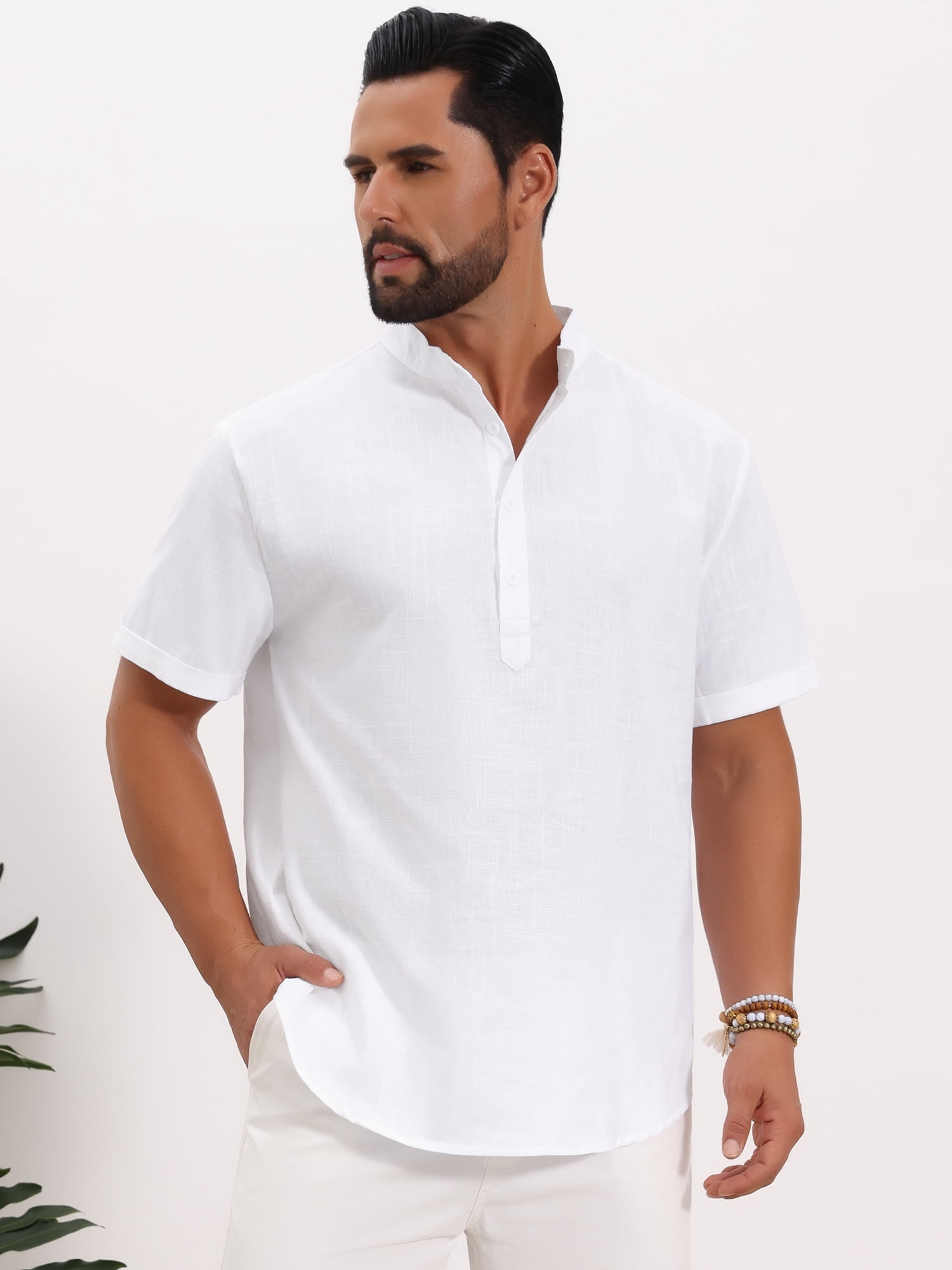 DARING DIVA Men's Solid Color Stand Collar Short Sleeve Henley Shirts 2XL White