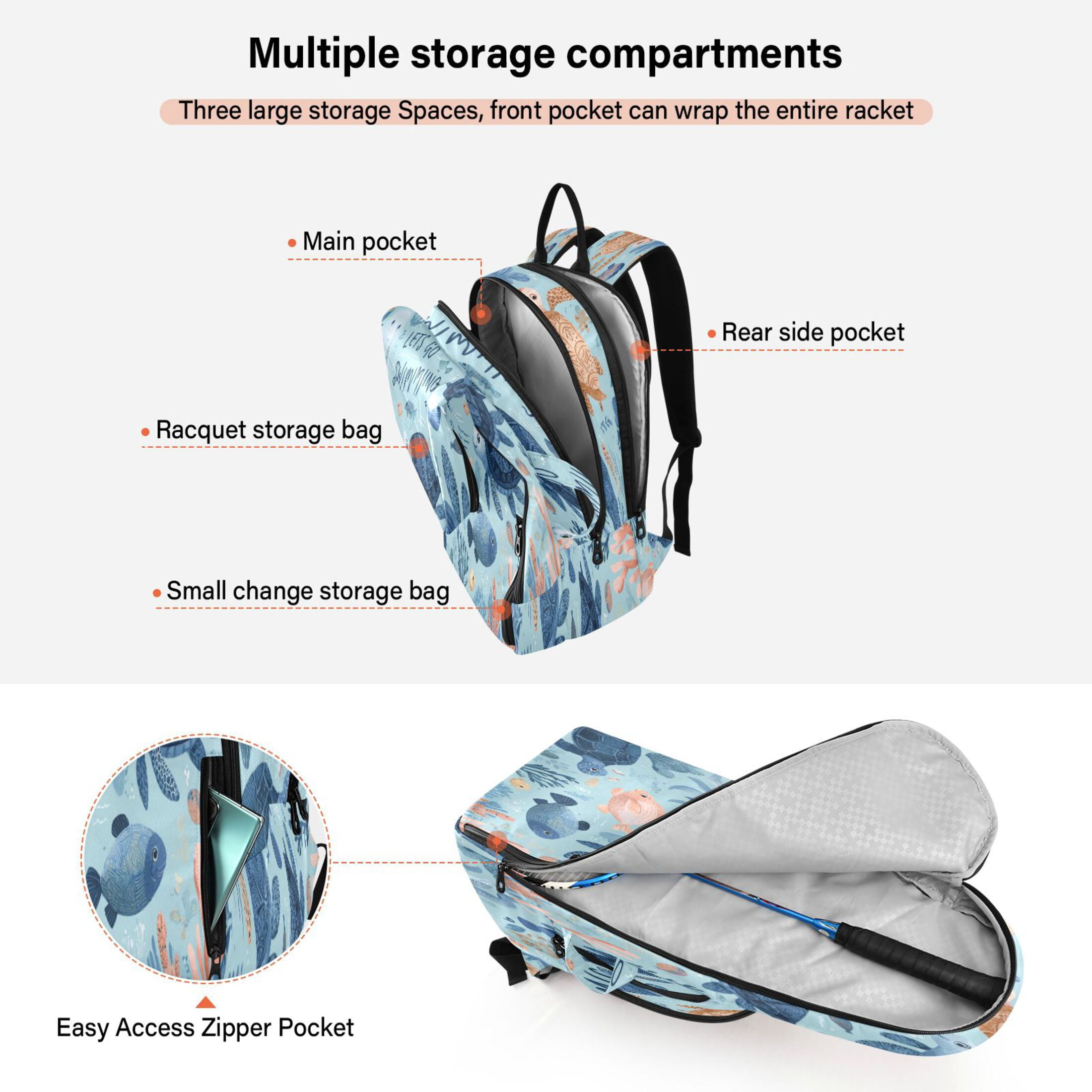 2 Racquet Holder Tennis Backpack Tennis Racket Covers Gym Bags Sea Creatures