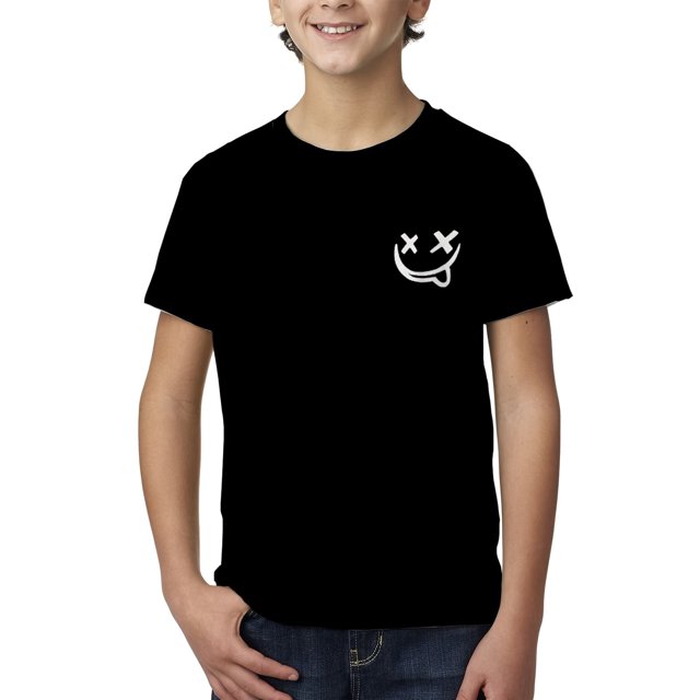 Boys' Black Cotton Knit T-Shirt with 3D Smile Face Print – Casual Crew Neck, Short Sleeve, Regular Fit, Soft & Stretchy Summer Tee for Youngsters, Tween Boy Clothes