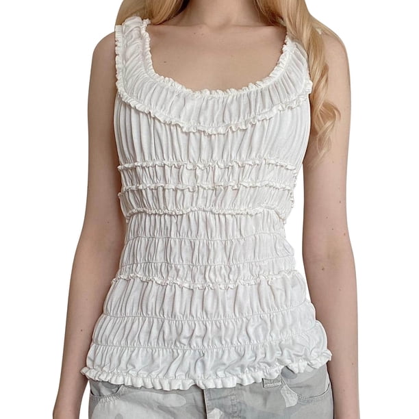 Gibobby Top de belleza para mujer, tirantes de chaleco sin mangas con orejas de frescas pequeñas(Blanco,M)
