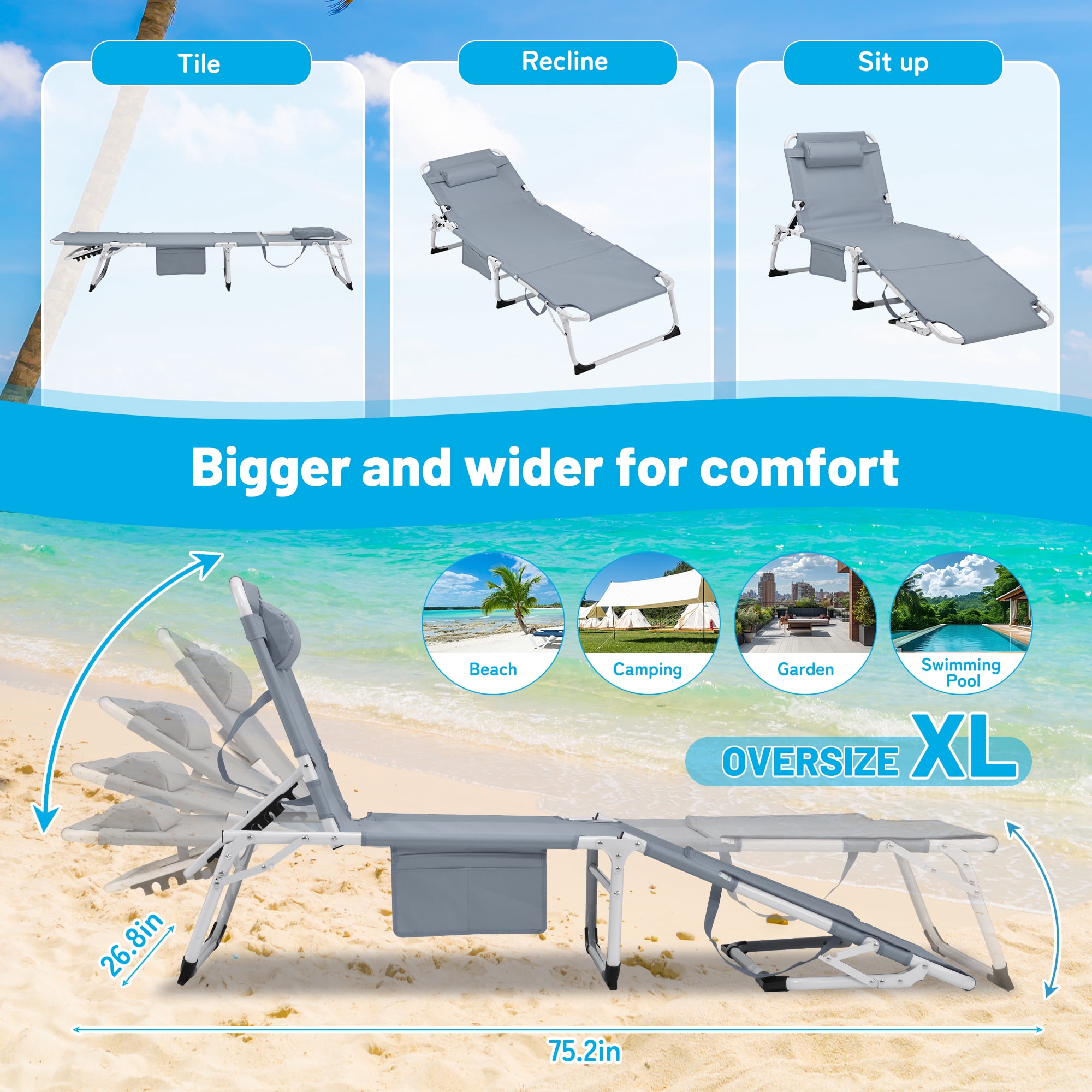 3-in-1 Folding Tanning Lounge Chair with Face & Arm Holes, 5-Position Adjustable Lay Flat Chaise, Heavy Duty 400 LBS Portable Beach Patio Pool Lawn Sunbed