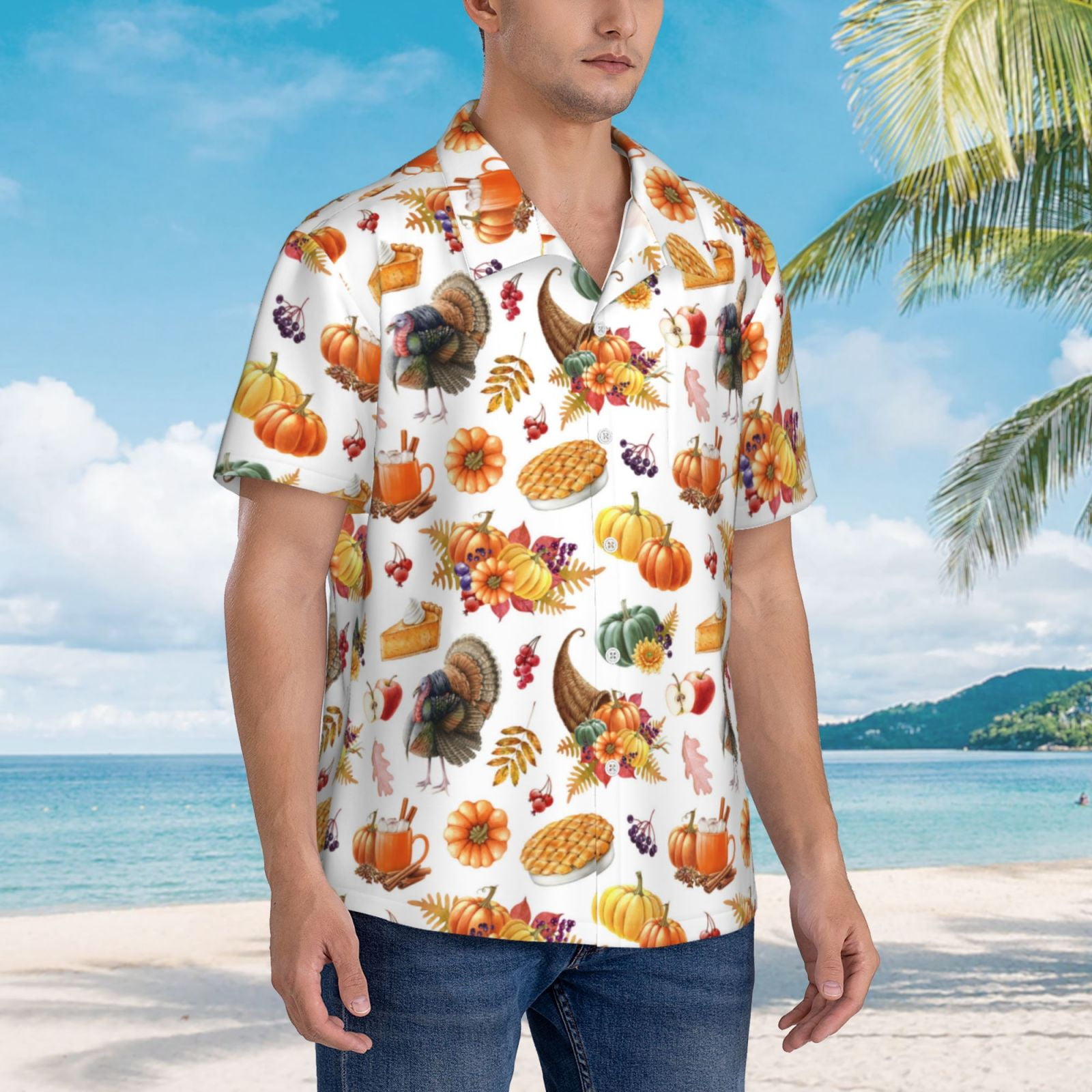 Logiee Thanksgiving Turkeys 1 Print Mens Hawaiian Shirts,Loose-Fit Short Sleeve Button Down Tropical Aloha Beach Shirt,Summer Vacation Wedding Tops,Large