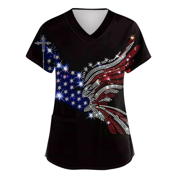 America 250 Years Scrub Shirt for Women American Flag Print Fourth Of July Patriotic Star V Neck T Shirts Short Sleeve Classic Fit Summer Nursing Uniforms with Pockets, #01 White, M