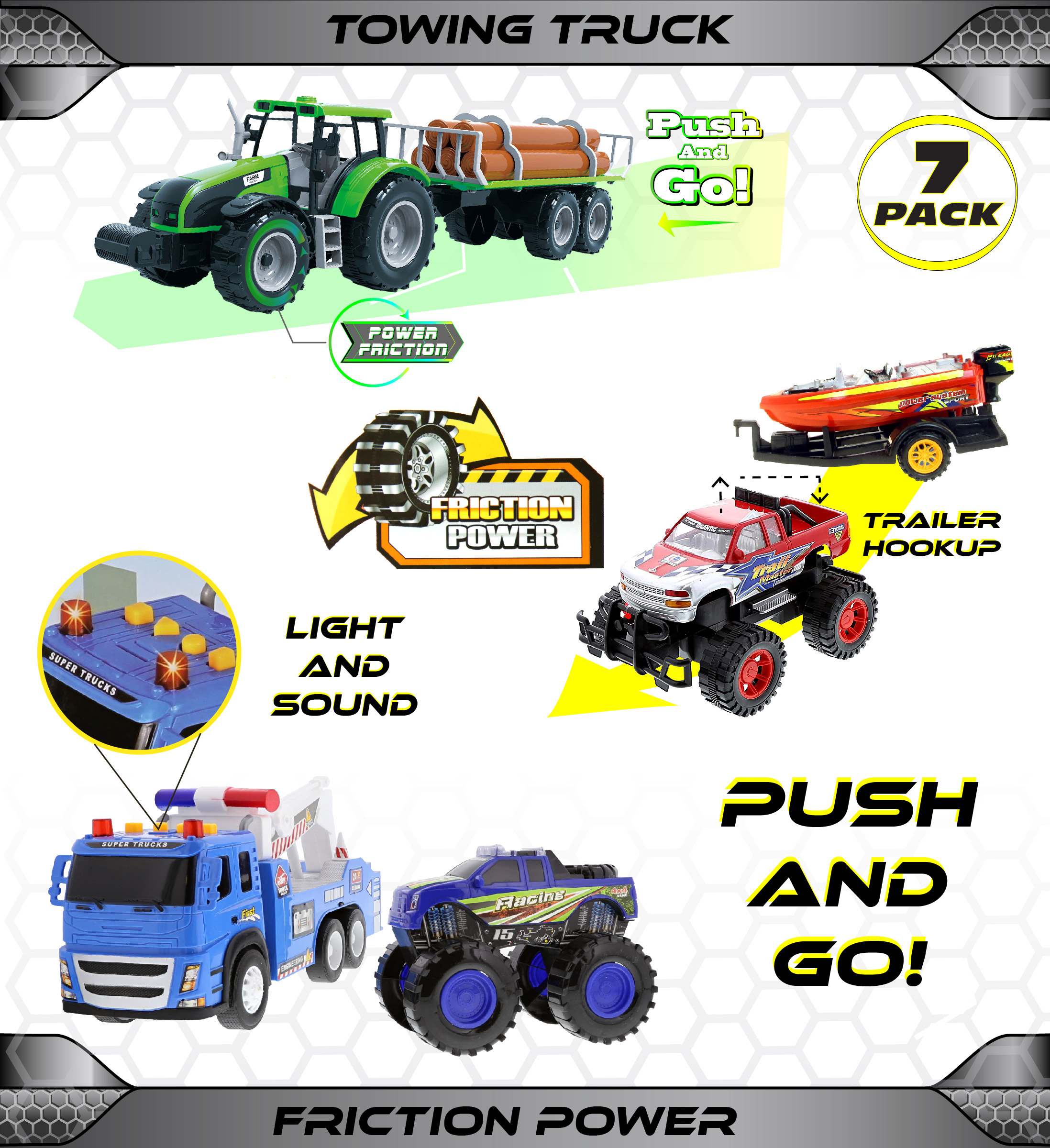 Mozlly Friction Powered Truck Toy Set – Includes 1 Monster Pick Up with Speed Boat, 3 Emergency Tow Trucks with Racing Trucks and 3 Farm Vehicles with Water Tank, Log Hauler, Tractor – Styles Vary - image 2 of 7