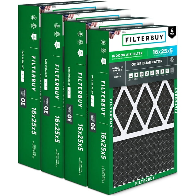 Filterbuy 16x25x5 MERV 8 (MPR 600) Odor Eliminator, Pleated HVAC AC Furnace Air Filters for Honeywell FC100A1029, Lennox X6670, Carrier, & More (4-Pack)