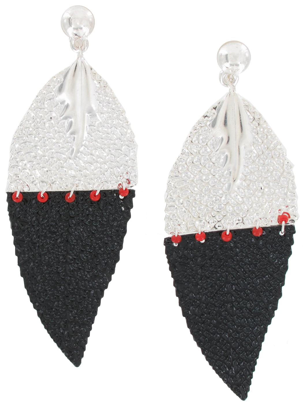 Silver Tone Black Large Feather Leaf Textured Red Beads Pierced Dangle Earrings Ladies Adult Female Women