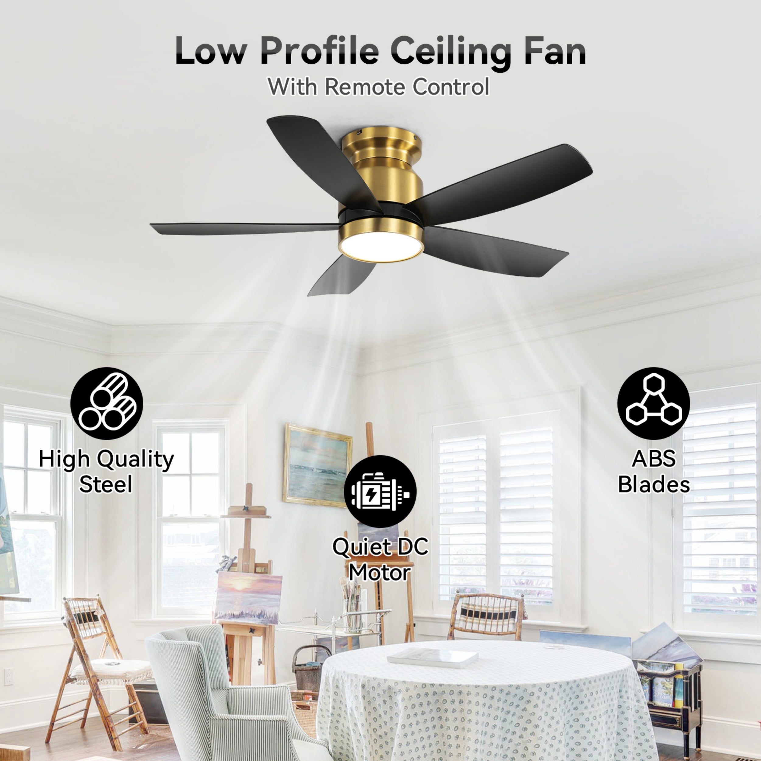 Sofucor 42" Black ABS Blade Flush Mount Ceiling Fan, LED 22W 3-Color Dimmable Light with Memory, DC Motor, 6-Speed Remote (Reverse Airflow, Timer)