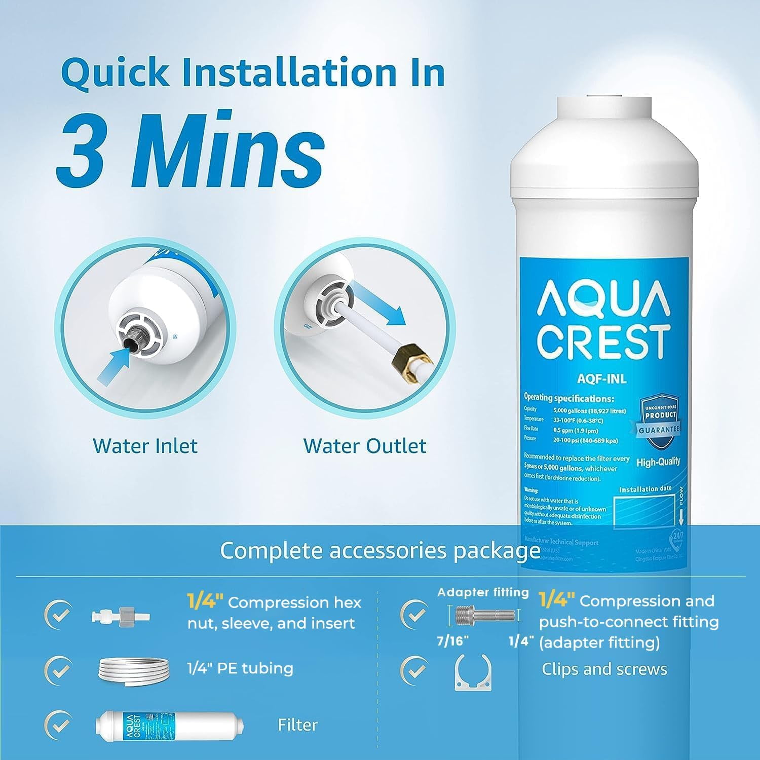 AQUA CREST 5 Years Capacity -Inline Water Filter for Refrigerator with 1/4-Inch Direct Connect Fittings, Idea for Ice Maker, RV, Refrigerator, RO System, In Line Water Line Filter, 2 Pack