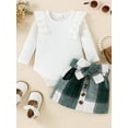 thumbnail image 3 of WIFORNT Baby Girls Autumn Outfit Sets Solid Color Long Sleeve Ruffle Romper + Plaid Skirt with Belt, 3 of 9