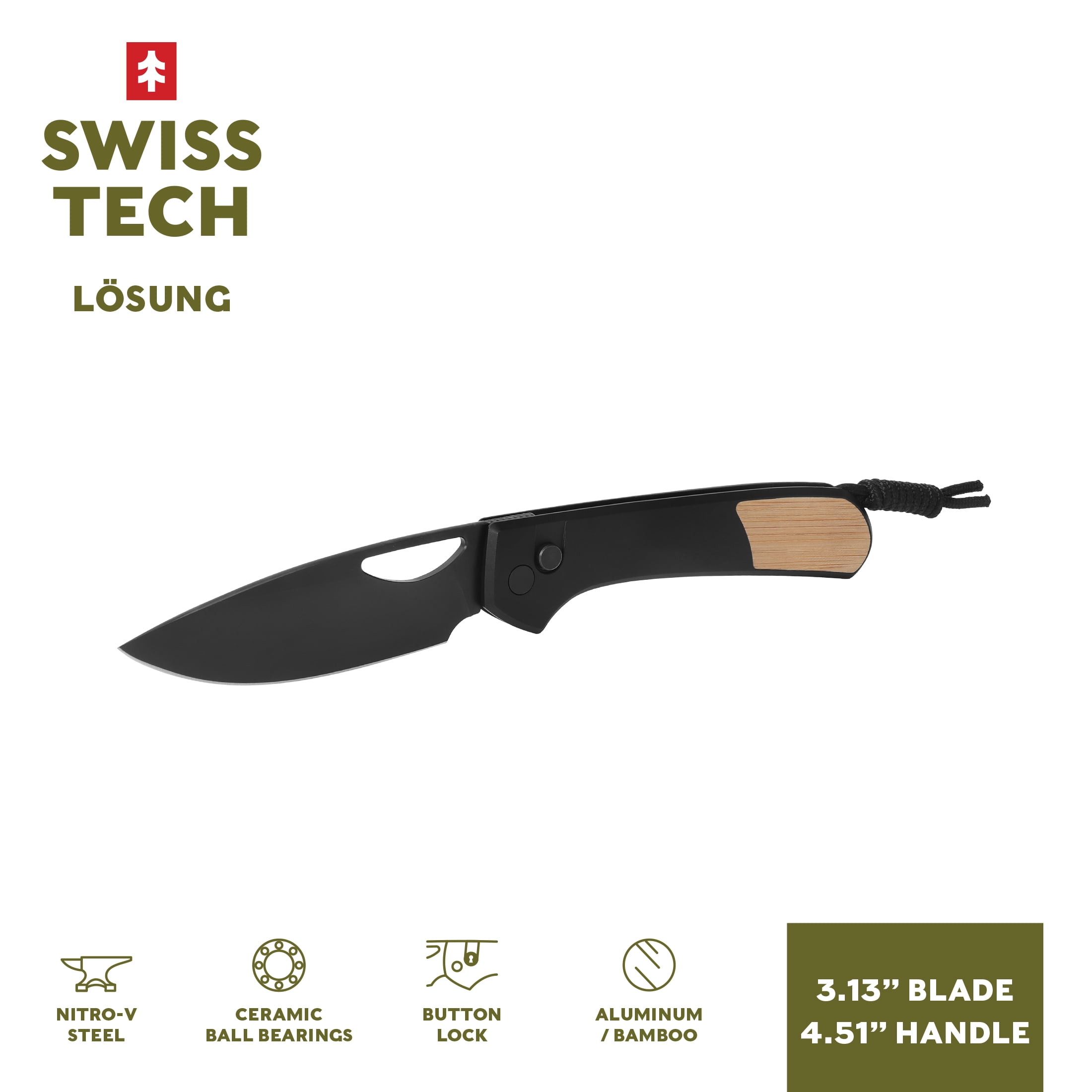 Swiss Tech Folding Knife With Nitro-V Steel Blade And Bamboo Inlay Handle