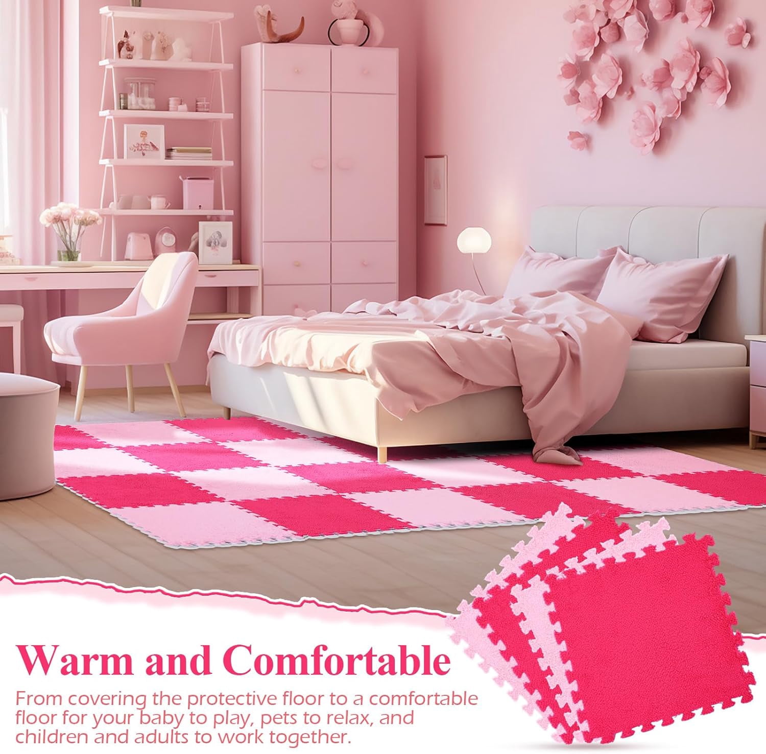 60 Pieces Plush Puzzle Foam Floor Mat Square Interlocking Carpet Tiles with Fluffy Play Mat Floor Tiles Soft Climbing Area Rugs for Living Room Floor Gym Area(Pink, Rose Red)