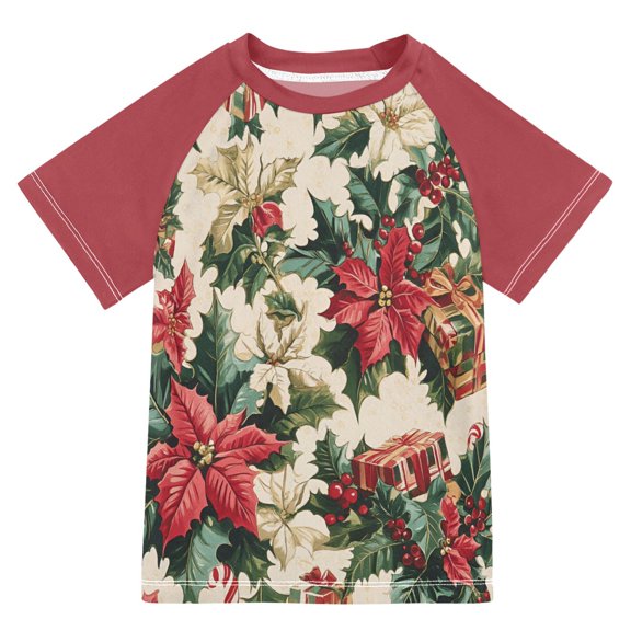FORMRS Boys Rash Guard Short Sleeves Swim Shirt Quick Dry UPF 50 Sun Protection, Sizes 3-12T, Red Christmas Poinsettia