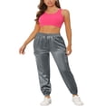 thumbnail image 2 of CHOK Women‘s Drawstring Elastic High Rise Silky Satin Cargo Solid Pants, 2 of 5