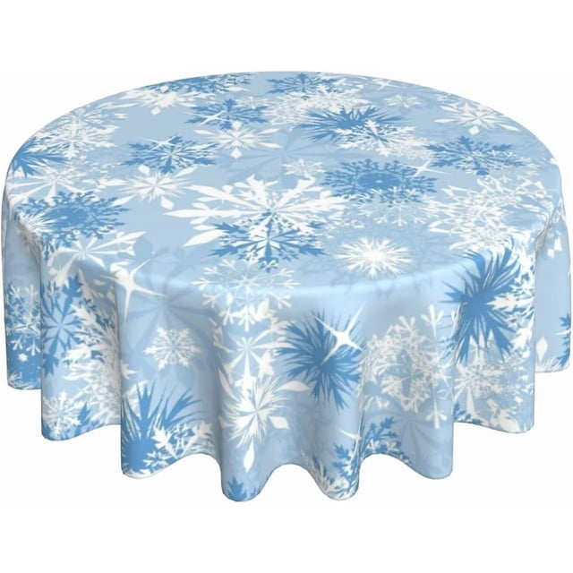 Christmas Round Tablecloth 70 Inch Blue White Snowflake Round Table Cloth Xmas Winter Holiday Table Covers Polyester Indoor Outdoor Tablecloths for Kitchen Dining Picnic Party