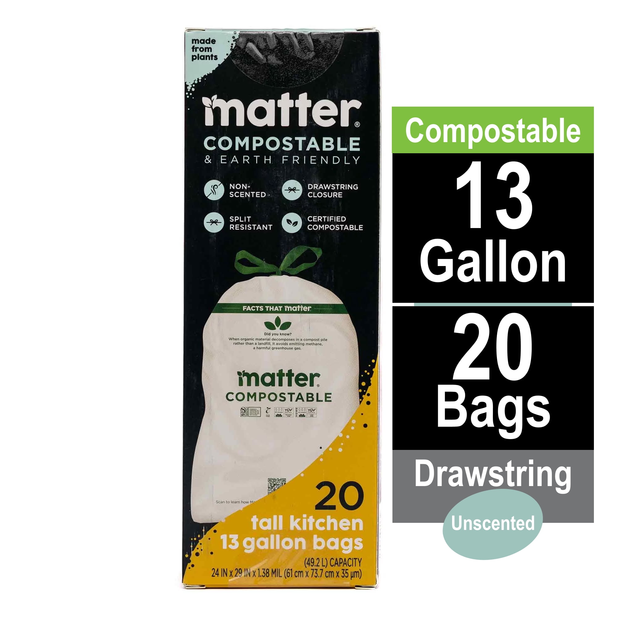 (4 pack) Matter Compostable 13-Gallon Tall Kitchen Trash Bags with Drawstring, 20 Count