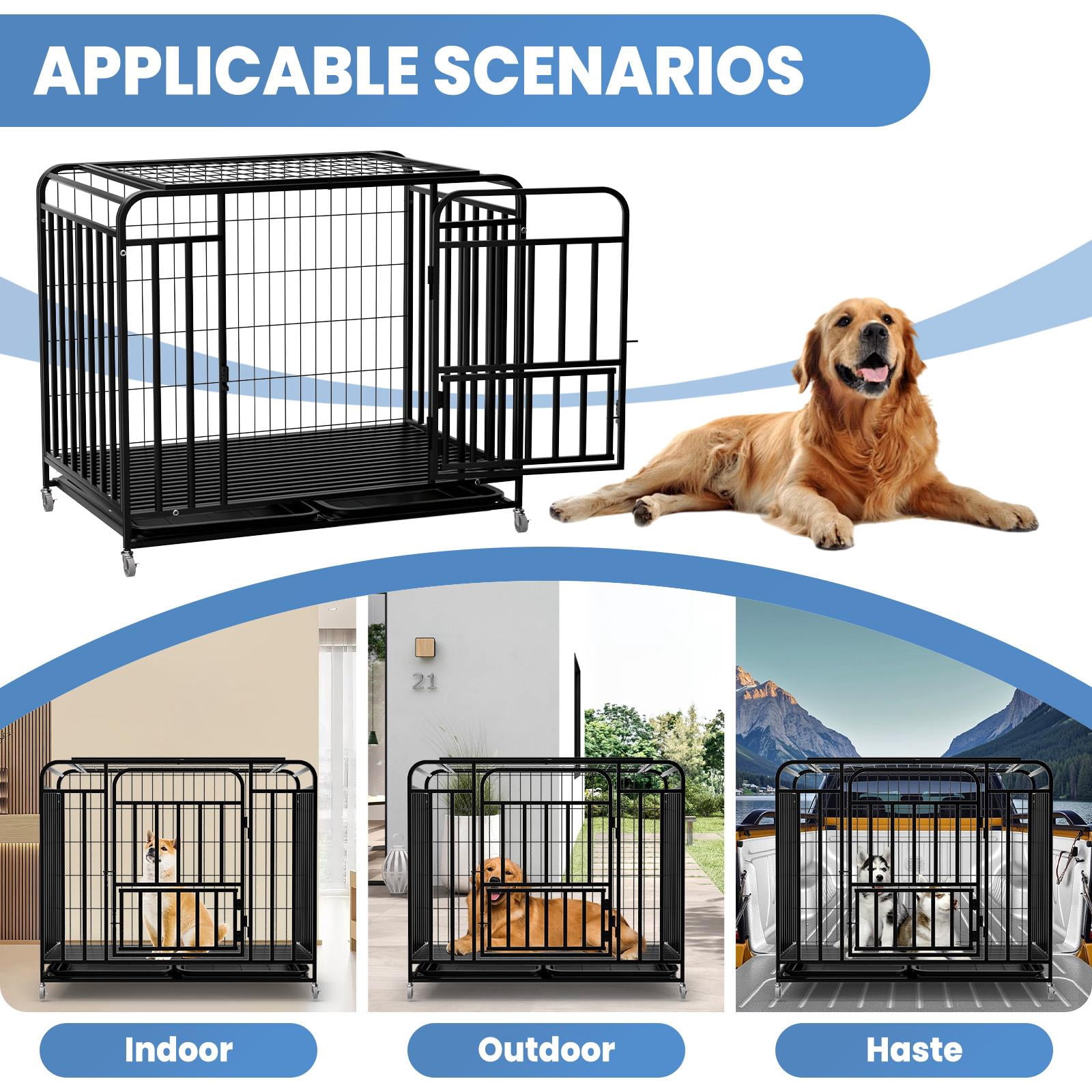 Black 42inch Indestructible Dog Cage, Double Door Dog Crate with Lockable Wheels, Easy Clean Removable Tray Dog Kennel for indoor apartment pet daily care and confinement