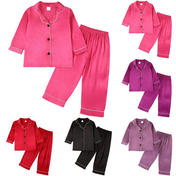 GCETTIC Girls Pajamas Set Long Sleeve Silk Button-Down Sleepwear Nightwear Soft Pjs Set Loungewear,Size 6-7 Years