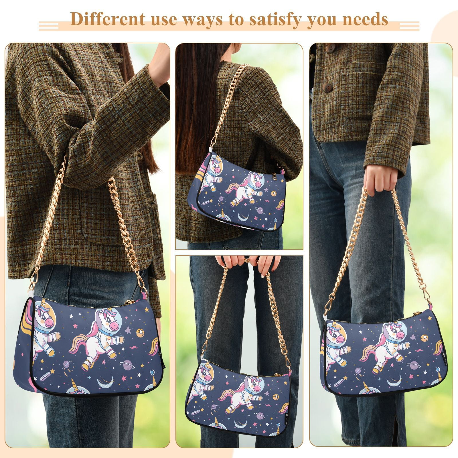 Unicorns Astronaut PlanetsWomen Small Shoulder Bag Crossbody Tote Hobo Bags Purse Clutch Handbags with Chain Strap for Women