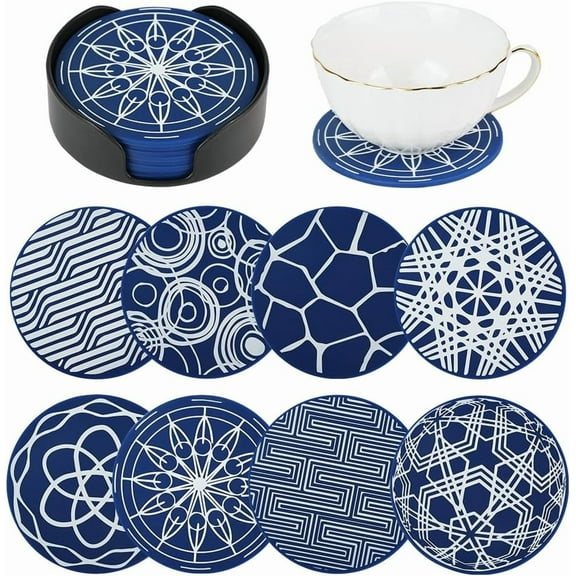 Drink Coasters Set of 8, Blue Round Silicone Coasters with Holder, Heat Resistant Cup Coaster for Outdoor, Indoor, Kitchen, Coffee Table, Office, Bar, Tabletop Protection