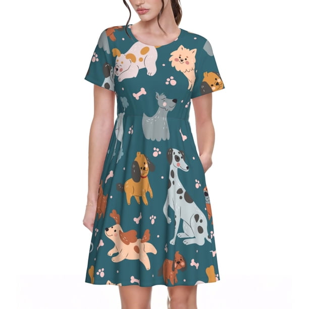 Disketp Dogs para Vestido de Manga Corta para Mujeres, Vestidos de Verano para Mujeres, Casual y Holgado para la Playa