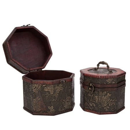 - Vintage Style Embossed Flower Pattern Wooden Octagon Jewelry Treasure Box Storage Organizer Trinket Keepsake Chest Set of 2