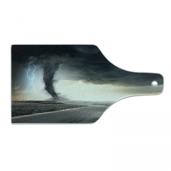 Nature Cutting Board, Black Tornado Funnel Gas and Thunder Rolling on the Road Fume Disaster Monochrome Print, Tempered Glass Cutting and Serving Board, Wine Bottle Shape, Grey, by Ambesonne