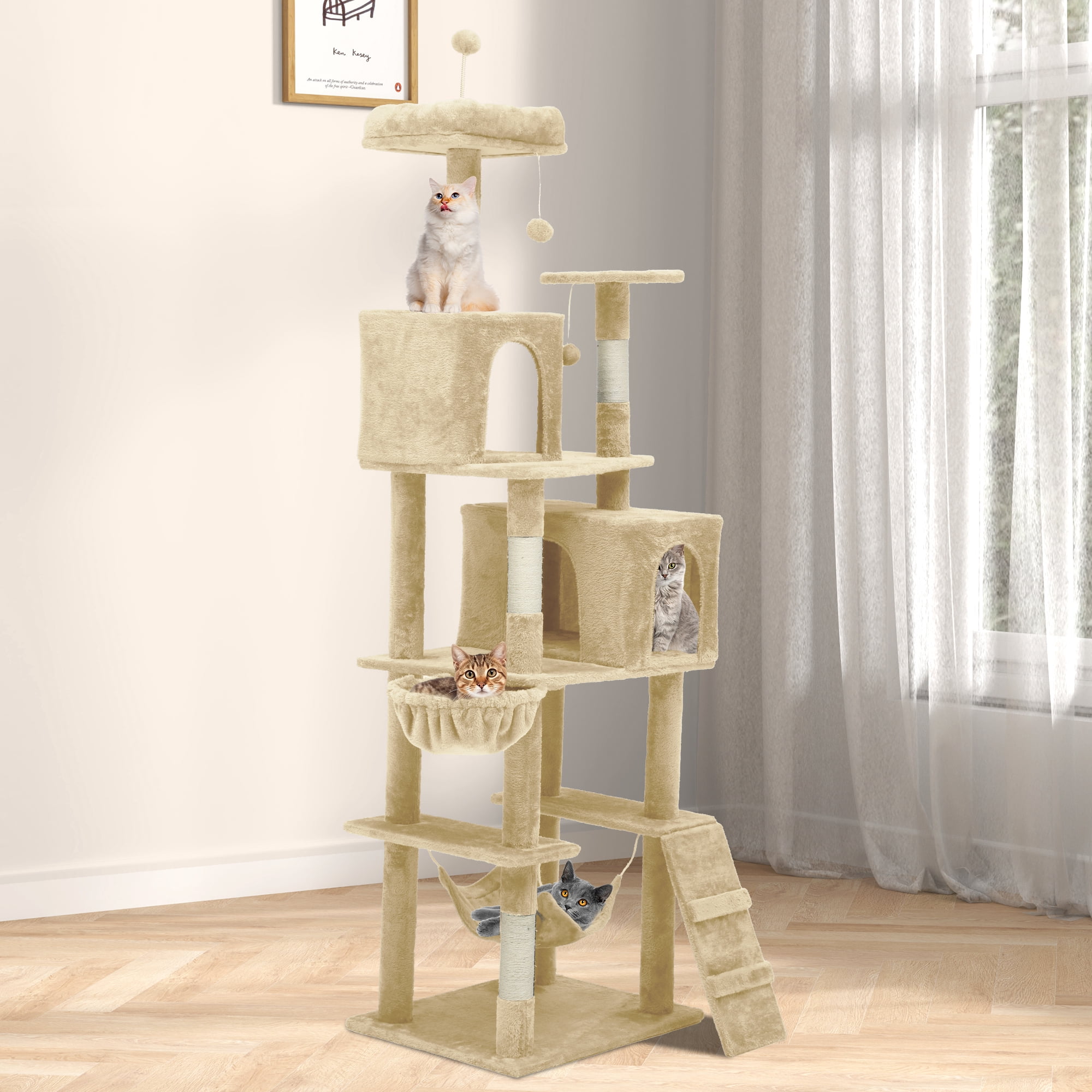 Uforic 75"Cat Tree for Large Cats ,Multi Level Play Tower Condo with Scratching Posts &Cat Caves & Comfortable Hammock, Pet Play Center, Beige