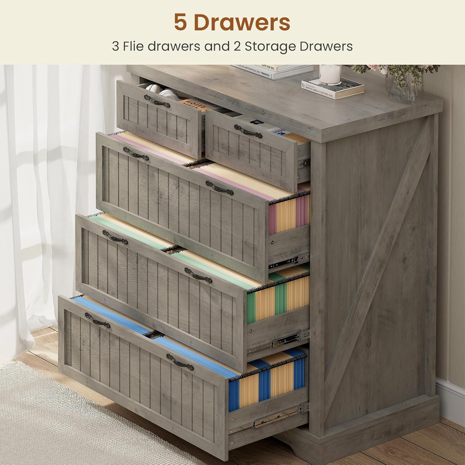 SEDETA File Cabinet with 5 Wood Drawers, Farmhouse Filing Cabinet for Home Office, Wood Office File Cabinets for Letter/Legal/A4 Size, Lateral File Cabinets with Printer Stand, Grey