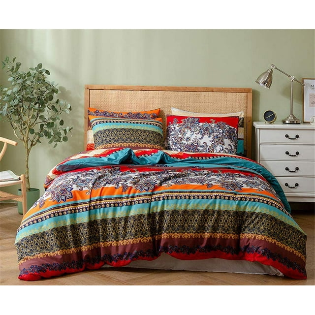 Bohemian Duvet Cover Set Twin Colorful Boho Floral Striped Bedding Set