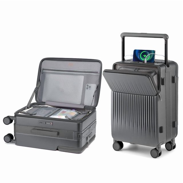 Joyway Valise Cabine de 20 Pouces Approuvée par les Compagnies Aériennes en Gris, Conçue avec une Coque Rigide Légère en PC, un port de Chargement USB, des Verrous Approuvés TSA et des Roues Pivotantes à 360°. Comprend des Compartiments à Double Ouverture pour Ordinateurs Portables et Essentiels, un Intérieur Organisé et un Cadre en Aluminium Renforcé pour la Durabilité.
