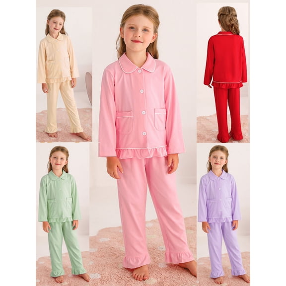GYRATEDREAM 1-6T Toddler Baby Girl Two Piece Pajamas Set Long Sleeve Ruffle Button Down Cotton Pajamas Top Pants Sleepwear Clothes