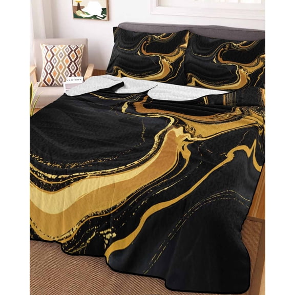 Marble Black Queen Size Down Alternative Comforter, Lightweight Comforter Quilt Bedding Set with Pillow Shams Vintage Gold Art Abstract Farmhouse All Seasons Bed Comforter Duvet Insert 90"x96"