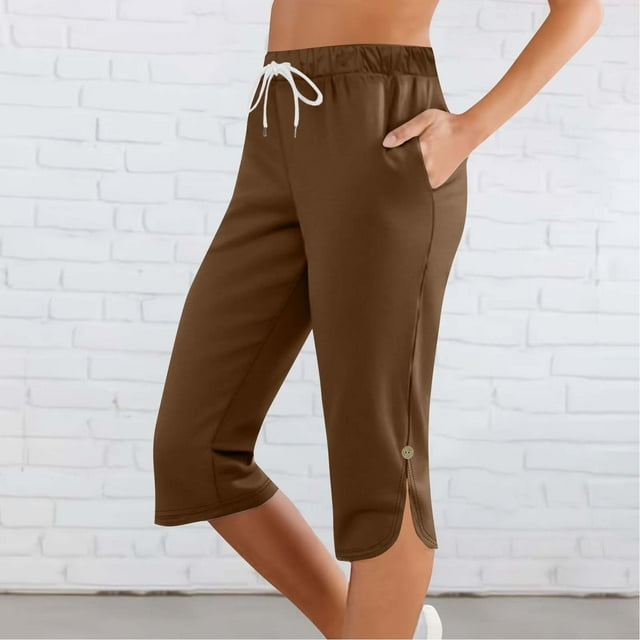 Soki Womens Casual Capri Pants Elastic Waist Drawstring Slit Hem Solid Color 3/4 Wide Leg Summer Trousers with Pockets