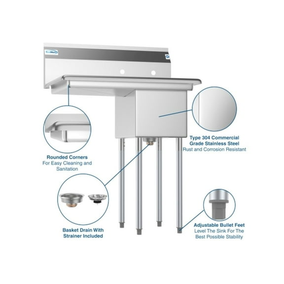 Koolmore 31 in. One Compartment Stainless Steel Commercial Sink with Drainboard