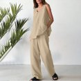 thumbnail image 2 of Womens Casual Cotton Linen 2 Piece Outfits V Neck Sleeveless Tank Tops Wide Leg Pants Sets Tracksuits with Pockets, 2 of 7