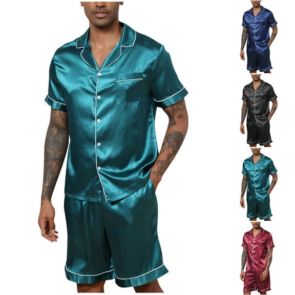 Bovxnpu Men's Pajamas Set Loungewear Sleepwear, Men Satin Silk Pajamas Set Short Sleeve Sleepwear Button-Down Pjs Set 2 Pieces Loungewear with Pockets