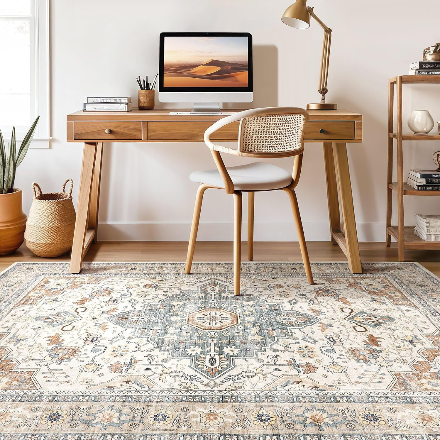 Toyoso 6x9 Area Rug Living Room Rug - Large Soft Machine Washable Boho Vintage Stain Resistant Floral Bedroom Rug Neutral Farmhouse Low Pile Distressed Carpet for Dorm Dining Room- Beige Blue