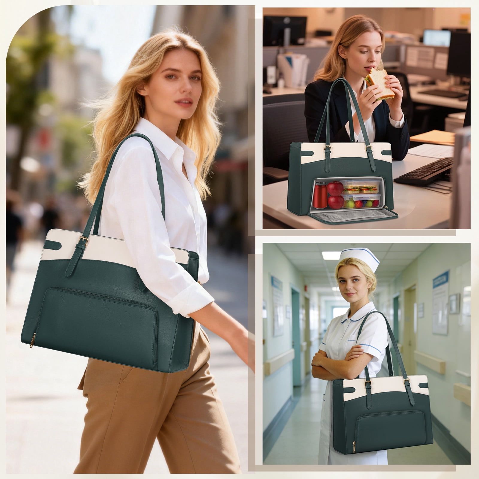RAINSMORE 15.6 inch Lunch Tote Bag for Women Laptop Bags with Insulated Lunch Compartment Teacher Work Bag for Office Travel,GreenWhite