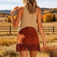 thumbnail image 5 of Unir Women Irregular Cut Long Fringe Faux Suede A Line Mini Skirt High Waist Metal Rivet Western Cowboy Casual Bottom 1PC S-XXL Plus Size Friendly, 5 of 5