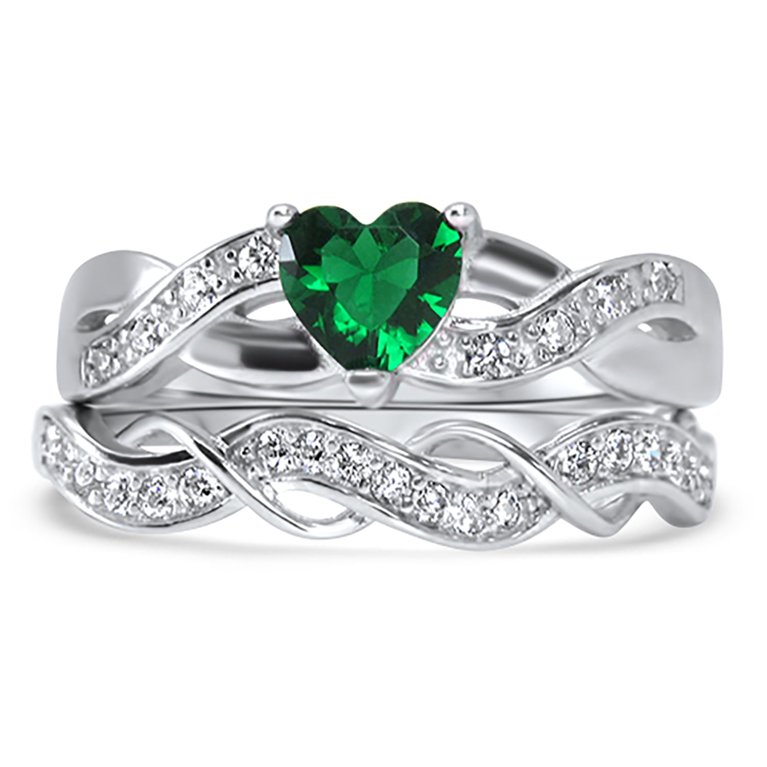 Sterling Silver Ladies Green & White CZ Claddagh Wedding Ring Set 