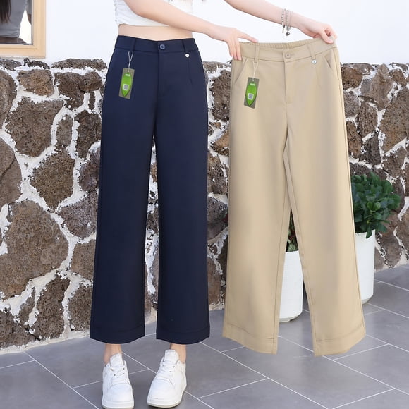 Pantalones Caqui de Pierna Recta Pantalones Caqui Cortos para Mujer Nuevos Pantalones de Pierna Ancha de Modal Cintura Elástica Trasera Pantalones Sueltos Casuales