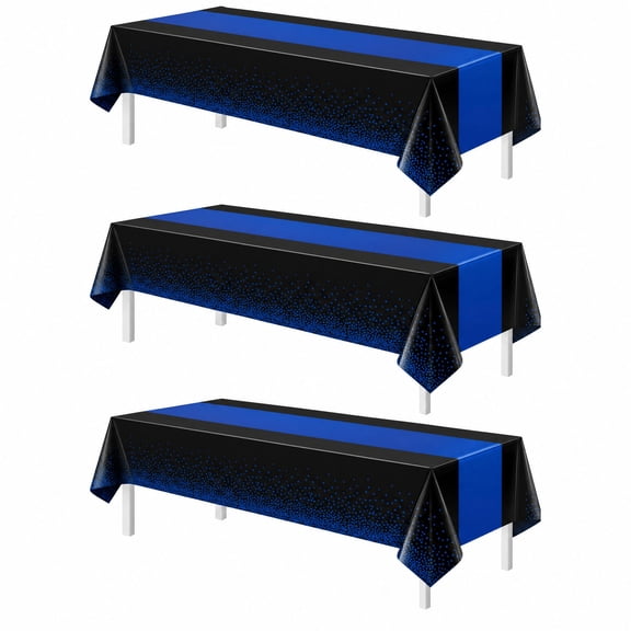 3 Packs Black and Blue Disposable Plastic Tablecloth, Black Table Cover Printed Blue Table Runner, Rectangle Table Cloth for Wedding Anniversary Birthday Graduation Party,54 x108 Inch