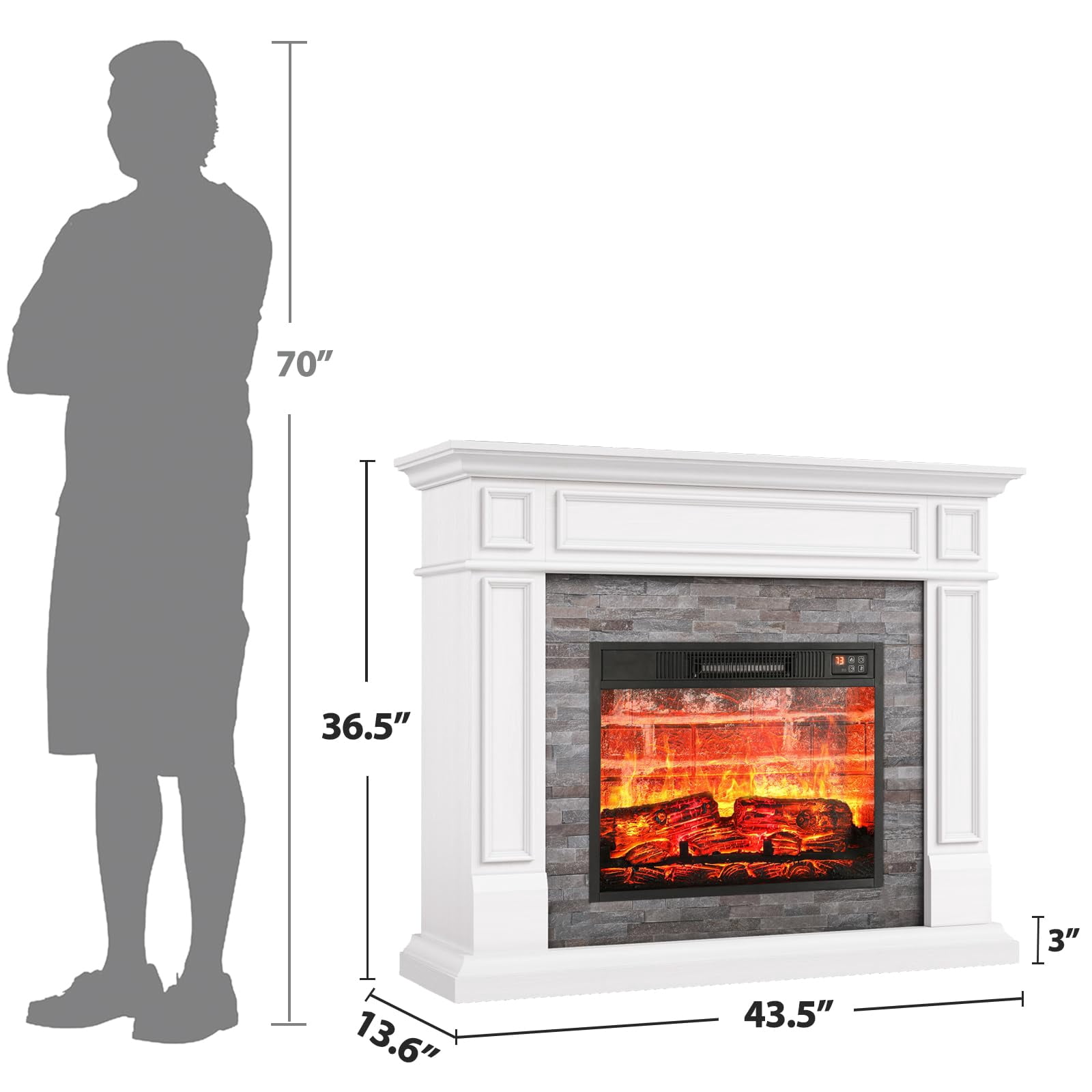 Holliwill Electric Fireplace Mantel, 44" Freestanding Fireplace Heater with Stacked Stone Surround Firebox, 1400W, Red Brick Fireplace White Brown
